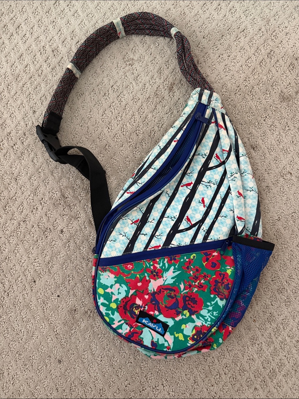 Kavu Sling Crossbody Bag with Blue Floral & Striped Print